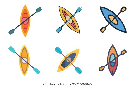 Colorful kayak and paddle icon set, A collection of six vibrant kayak icons with crossed paddles, ideal for outdoor adventure, water sports, and recreational activity themes. 
