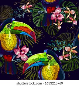 Colorful keel-billed toucan bird, pink orchid flowers and palm leaves seamless pattern. Embroidery. Ramphastos sulfuratus. Fashionable template for design of clothes. Jungle paradise art 