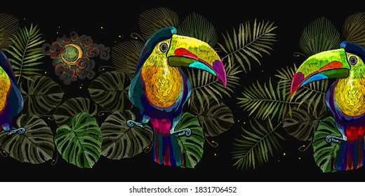 Colorful keel-billed toucan birds, moon and palm leaves seamless pattern. Fashionable template for design of clothes, textiles. Embroidery art. Ramphastos sulfuratus. Jungle paradise background