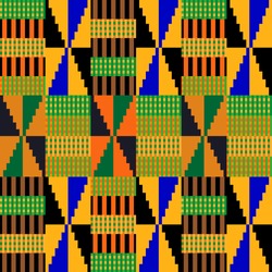 Colorful Kente Pattern. Seamless Repeating Geometric Print Inspired By African Art. Ethnic Textile Collection. Green, Brown.