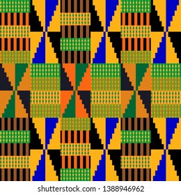 Colorful Kente pattern. Seamless repeating geometric print inspired by African art. Ethnic textile collection. Green, brown.