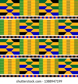 Colorful Kente pattern. Seamless repeating geometric print inspired by African art. Ethnic textile collection. Yellow, green, blue.