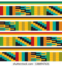 Colorful Kente pattern. Seamless repeating geometric print inspired by African art. Ethnic textile collection. Red, yellow, black.
