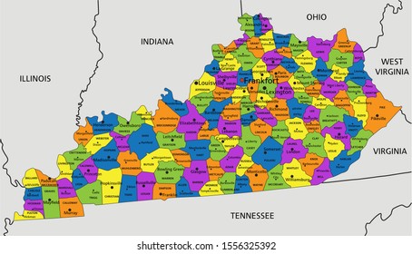 Colorful Kentucky political map with clearly labeled, separated layers. Vector illustration.