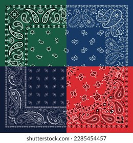 Colorful kerchief quad split paisley bandana fabric  patchwork vintage vector pattern svg