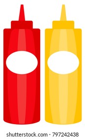 Colorful ketchup mustard sauce bottle icon poster. Junk food vector illustration for certificate banner sticker, badge sign, stamp, logo, icon label.