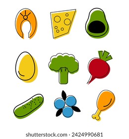 Iconos coloridos de dieta ceto (bajo en carbohidratos). Conjunto de diferentes vegetales, alimentos proteicos (huevo, queso, pollo), bayas.