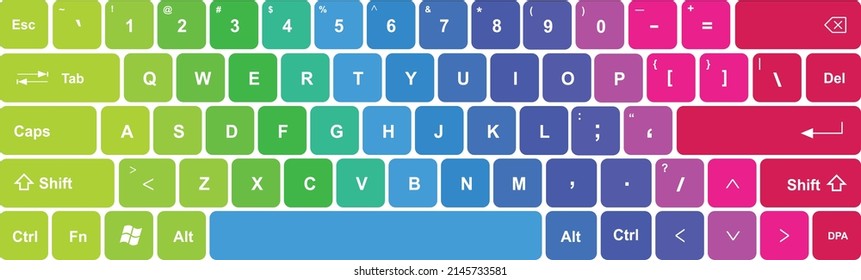 Teclado colorido con todos los símbolos, letras del alfabeto y números a tipear - Diseño internacional multicolor para un teclado modificable vectorial