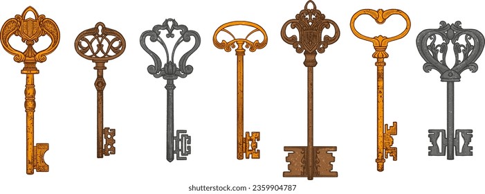 Colorful keys set of different shape ornament and secrecy in vintage style isolated vector illustration.