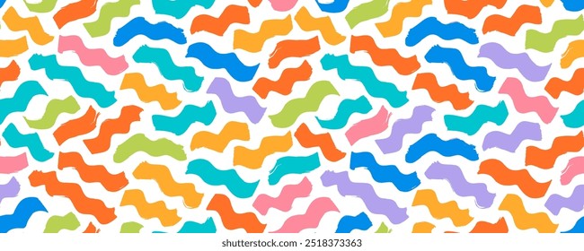 Patrón inconsútil colorido del estilo del niño con trazos ondulados del pincel. Marcador dibujado líneas gruesas onduladas. Doodle estilo confeti. Caligrafía de manchas gruesas de diseño de Anuncio sin costuras. Trazos geométricos primitivos.