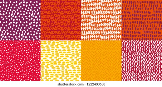 Colorful kiddy background set. Naive hand drawn doodle seamless pattern. Brush stroke simple shapes repeatable motif.
