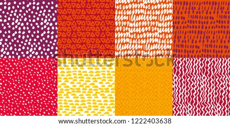 Colorful kiddy background set. Naive hand drawn doodle seamless pattern. Brush stroke simple shapes repeatable motif.