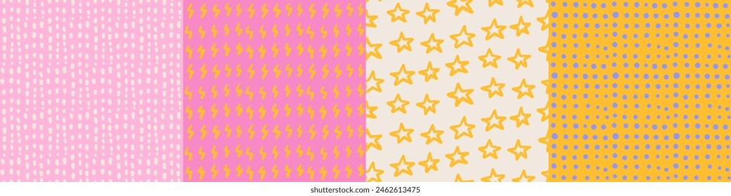 Colorful kiddy seamless patterns set. Naive hand drawn doodle background with hand drawn rough lightning, star, dot, stroke. Brush stroke simple shapes repeatable motif. Vector illustration.