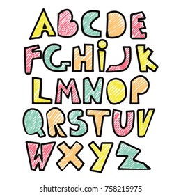 Colorful kids abc with hatching texture. Vector hand drawn illustration.