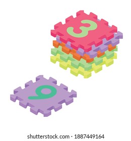 Colorful kids baby floor foam mat puzzle with numbers isometric view. Isolated on white background. Vector
