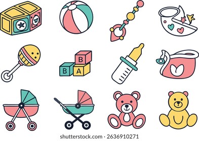 Colorful Kids and Baby Icons Illustration Set. Baby and Child Elements in Colorful Illustration Style. Collection of Kids and Baby Icons for Creative Use. Cute and Colorful Baby Icons and Kids Element