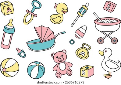 Colorful Kids and Baby Icons Illustration Set. Baby and Child Elements in Colorful Illustration Style. Collection of Kids and Baby Icons for Creative Use. Cute and Colorful Baby Icons and Kids Element