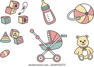 Colorful Kids and Baby Icons Illustration Set. Baby and Child Elements in Colorful Illustration Style. Collection of Kids and Baby Icons for Creative Use. Cute and Colorful Baby Icons and Kids Element