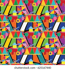 Colorful kids baby seamless pattern background illustration with baby toys, cubes, drums, geometric shapes,figures. Colored vector texture for prints,fabric, textile, kids  bed linen, baby wallpapers.
