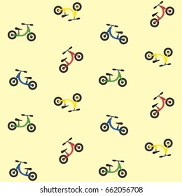 Colorful kids balance bike seamless pattern, cute texture with red, yellow, green and blue toddler run bikes