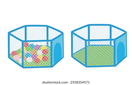 Colorful kids' ball pit vector . Children's play ball pit with hexagonal shape, blue frame and mesh sides, with multicolored balls in side. Baby or kid play zone flat vector in cartoon style isolated