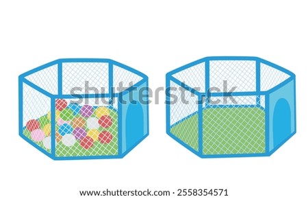 Colorful kids' ball pit vector . Children's play ball pit with hexagonal shape, blue frame and mesh sides, with multicolored balls in side. Baby or kid play zone flat vector in cartoon style isolated