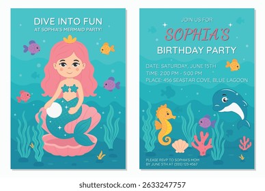 Modelo colorido de convite para festas de aniversário para crianças. Cartão de convites de festa de aniversário da Sereia. Convite de sereia imprimível frente e verso, ilustração vetorial