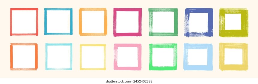 Colorful kids box set. Vector brush painted empty square frames. Rough grungy edges. Kindergarten info graphic template. Cute brushstroke banner. Abstract vintage background isolated design elements