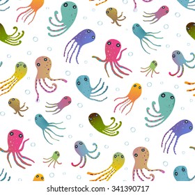 Colorful Kids Cartoon Octopus Seamless Pattern Background. Childish animals cute backdrop tileable design illustration. Vector EPS10 has no backround color. 