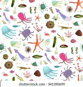 Colorful Kids Cartoon Sea Life Seamless Pattern Background on White. Childish underwater animals cute backdrop tileable design illustration. Vector EPS10 has no backdrop color. 