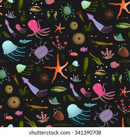 Colorful Kids Cartoon Sea Life Seamless Pattern Background on Black. Childish underwater animals cute dark backdrop tileable design illustration. Vector EPS10. 