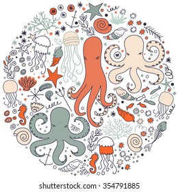 Colorful Kids Cartoon Sea Life Seamless Pattern Background on White. Beautiful seamless pattern. Vector backdrop. Use for wallpaper,pattern fills, web page background.