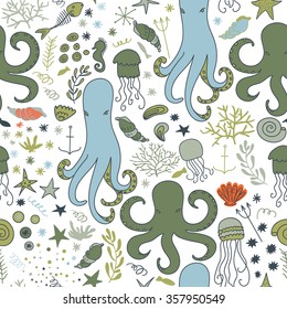 Colorful Kids Cartoon Sea Life Seamless Pattern Background on White. Beautiful seamless pattern. Vector backdrop. Use for wallpaper,pattern fills, web page background.