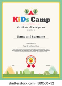 Colorful kids certificate template in portrait for children events or camping participation in vector