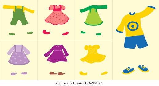 colorful kids clothes and children playing vectors