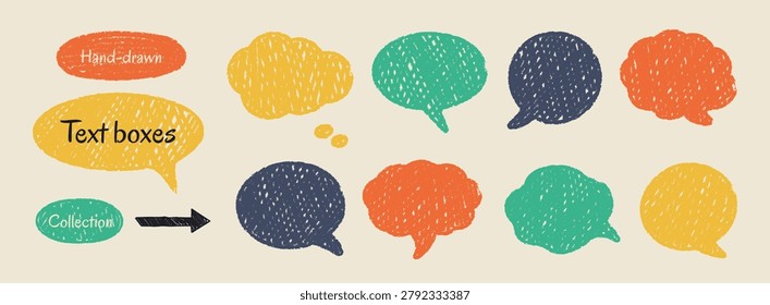 Colorful kids' crayon speech bubbles and chalk text boxes collections. Comic speech bubbles with pencil texture. Hand-drawn vector message balloon. Crayon-drawn, playful, sketchy balloon speech figures. 