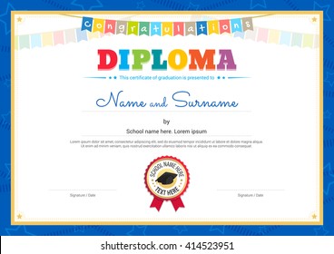 Colorful Kids Diploma Certificate Template For Children Graduation In Vector