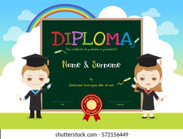 Colorful kids diploma certificate template in cartoon style with sky rainbow and graduated boy and girl