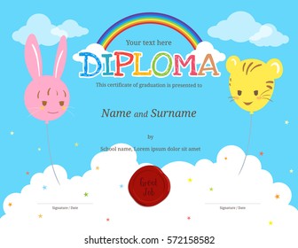 Colorful kids diploma certificate template in cartoon style with sky rainbow and balloon in rabbit and tiger shape