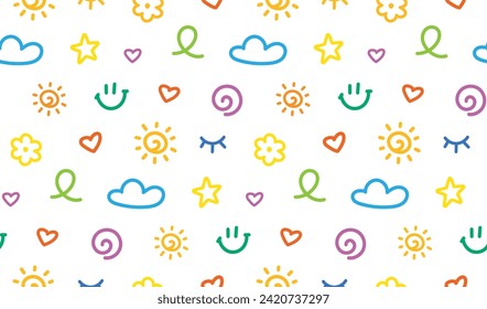 Colorful kids doodle seamless pattern. Cute simple hand drawn icons in children drawing style. Collection of nursery design elements. Vector illustration on white background