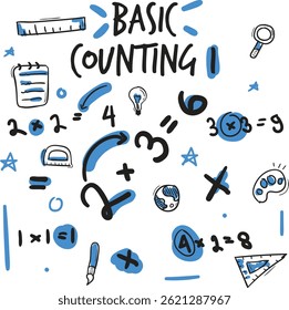 Colorful kids doodle set with basic math and school theme illustrations for educational use