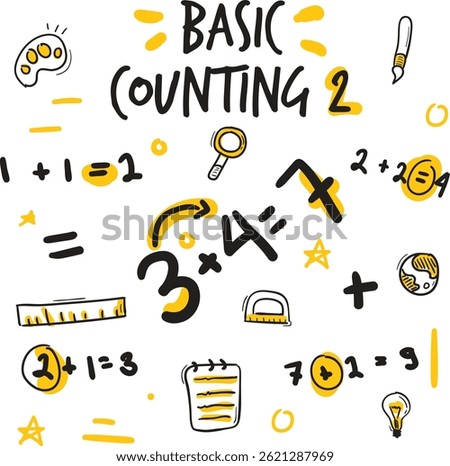 Colorful kids doodle set with basic math and school theme illustrations for educational use