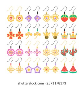 Colorful kid's earring Icon illustration collection featuring playful designs like flowers, fruits, stars, and crowns. Perfect for children-themed designs, accessories, or decoration projects.