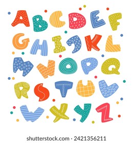 Farbige Kinderschrift. Helle, moderne, verspielte Buchstaben Cartoon primitive Design, süßes kindisches Alphabet, Kinderdekorationen, Babyausbildung, Doodle-Stil. Englischer abstrakter Vektorsatz