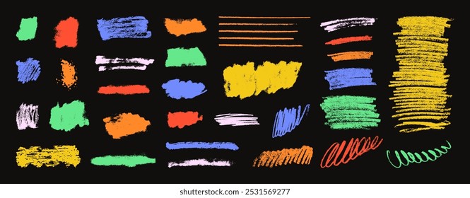 Colorful kids grungy vector brush strokes on blackboard. Rough childish kindergarten art scribble collection. Hand drawn sketch dabs daubs. Bright crayon pencil textured lines. Chalk curves, textboxes