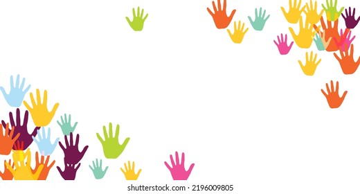 Colorful Kids Handprints Art Therapy Concept Background Design. Kid Paint Hand Prints Art Therapy Background. Children And Adult Handprints, Palms With Five Fingers Isolated.