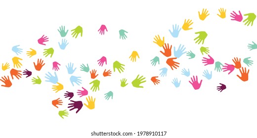 Colorful kids handprints nursery games concept background design. Child paint hand prints games background. People handprints in pain of different color.