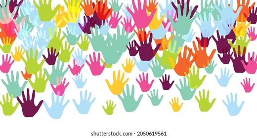 Colorful kids handprints nursery games concept background design. Baby paint hand prints play and joy background. Children and adult handprints, palms with five fingers isolated.