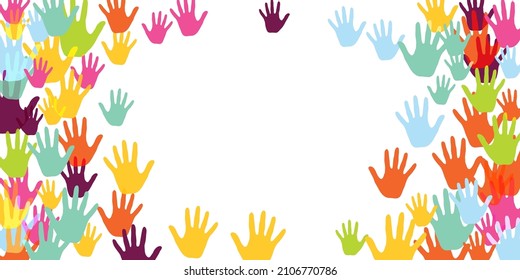 Colorful kids handprints nursery games concept background design. Baby paint hand prints play and joy concept. Children and adult handprints, palms with five fingers isolated.