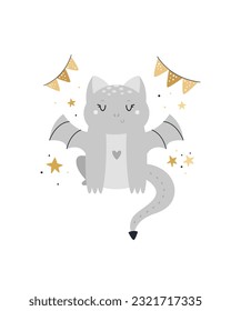 Colorful kids illustration with adorable dragon with wings. Sweet design for posters, nursery decorations, frame art, child print